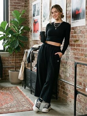 Layer 8 Qwick Dry Cotton Blend Cropped Wide Leg Thermal Sweatpants Loungewear